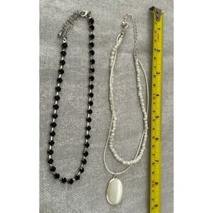 Set of 2 Choker Necklaces One Black Rhinestone One White Beaded with Pendant